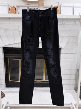 $1250 Phillip Plein Heavy Lamb Leather Studded Distressed Skinny Denim Jeans
